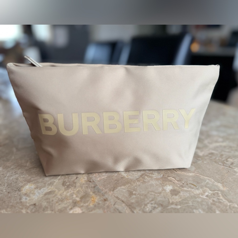 Burberry Beige Cosmetic Zip Pouch with Pale Gold Logo